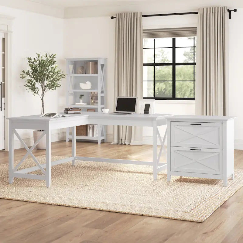 60W L Desk with 2 Drawer File Cabinet by
