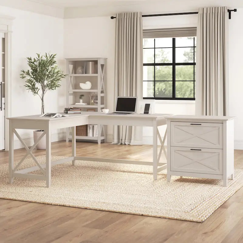 60W L Desk with 2 Drawer File Cabinet by
