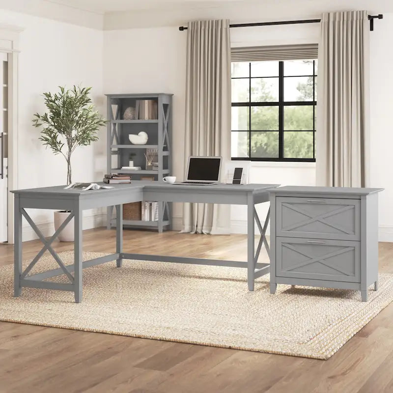 60W L Desk with 2 Drawer File Cabinet by