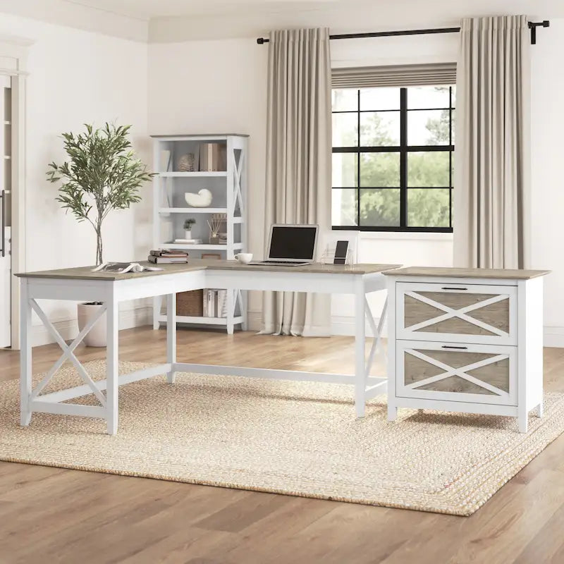 60W L Desk with 2 Drawer File Cabinet by