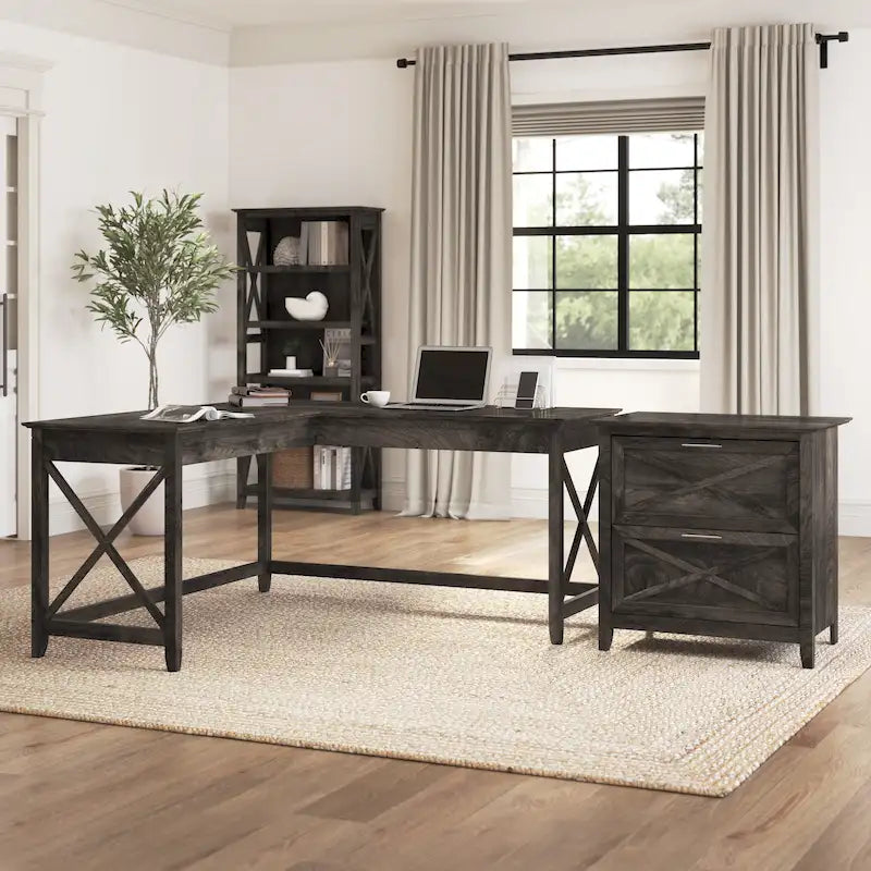 60W L Desk with 2 Drawer File Cabinet by