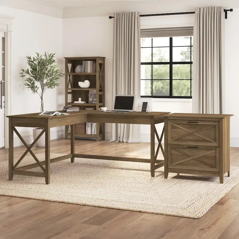 60W L Desk with 2 Drawer File Cabinet by