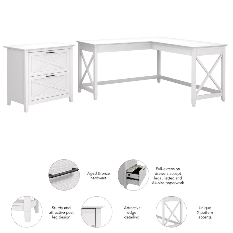 60W L Desk with 2 Drawer File Cabinet by