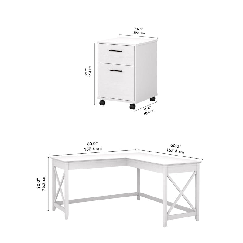 60W L Desk with 2 Drawer File Cabinet by