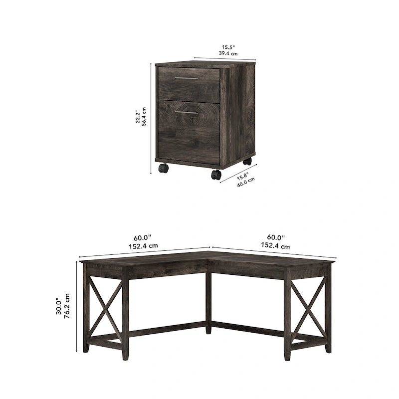 Bureau en L de 60 W avec classeur à 2 tiroirs par