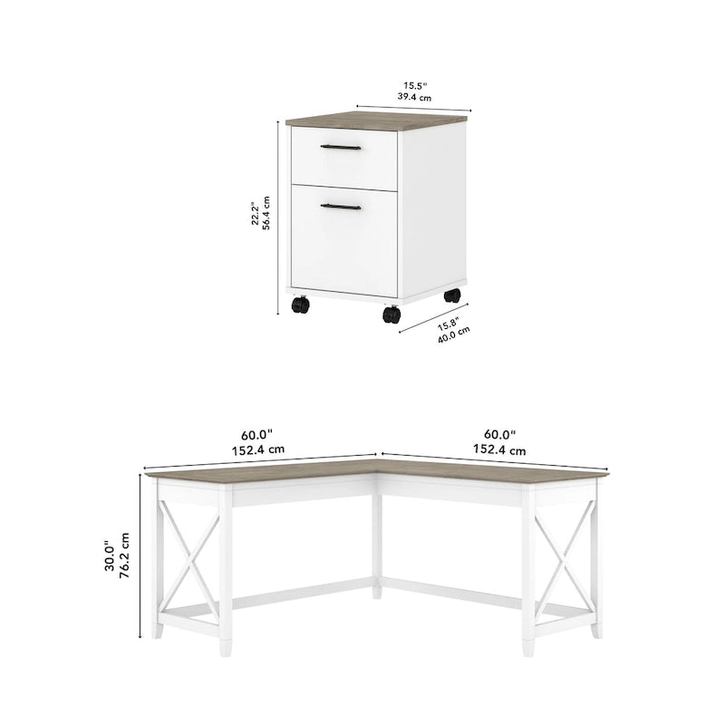 Bureau en L de 60 W avec classeur à 2 tiroirs par
