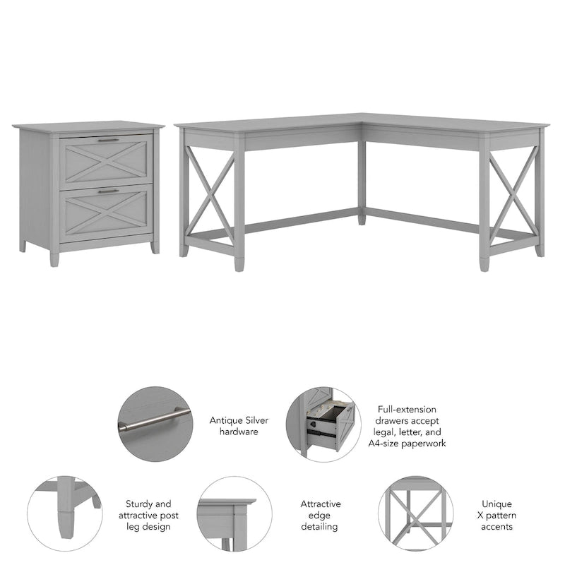 Bureau en L de 60 W avec classeur à 2 tiroirs par