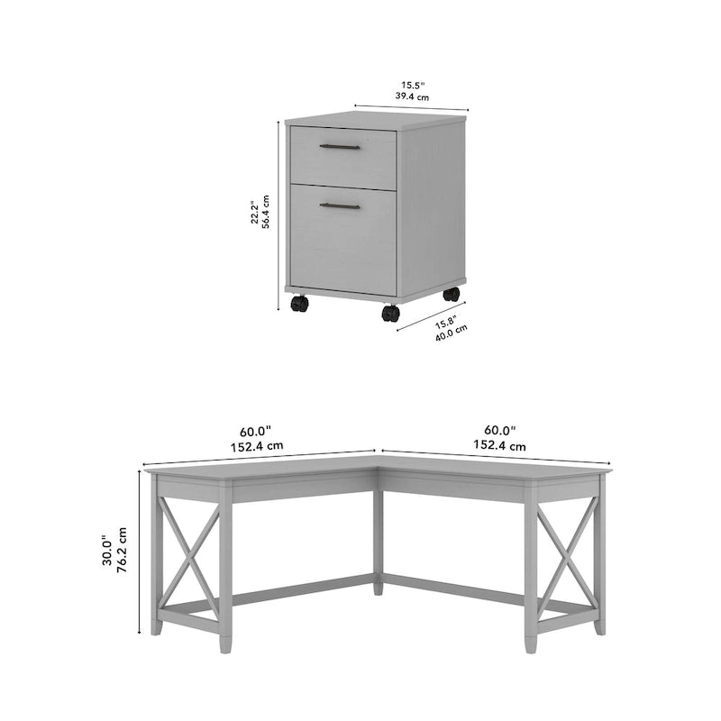 Bureau en L de 60 W avec classeur à 2 tiroirs par