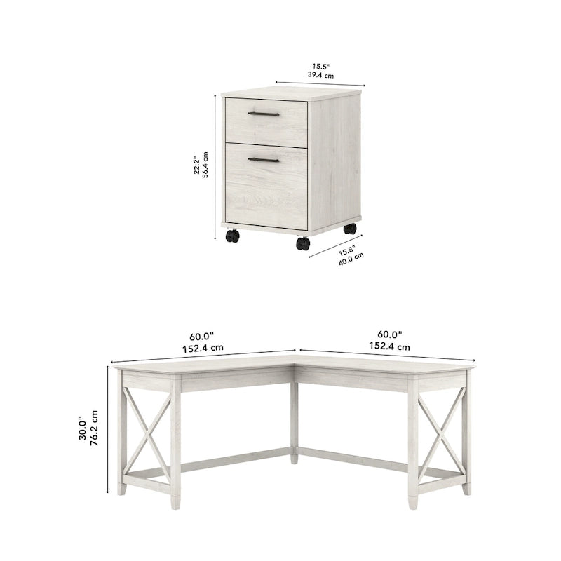 Bureau en L de 60 W avec classeur à 2 tiroirs par