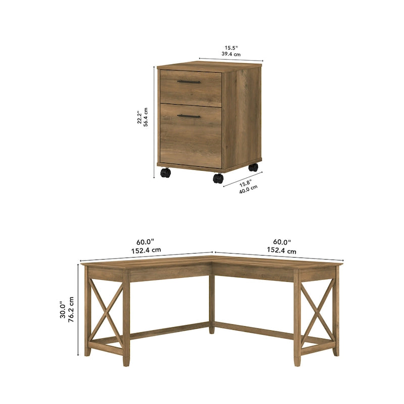 Bureau en L de 60 W avec classeur à 2 tiroirs par