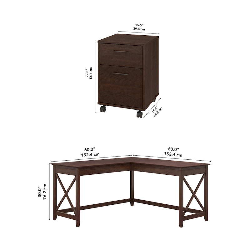 Bureau en L de 60 W avec classeur à 2 tiroirs par