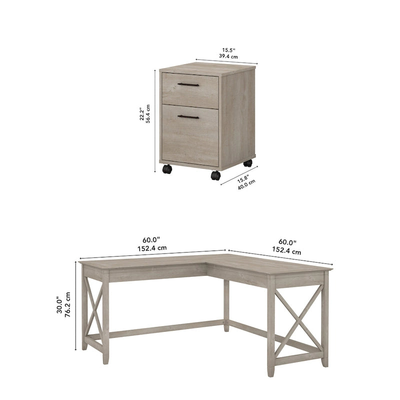 Bureau en L de 60 W avec classeur à 2 tiroirs par