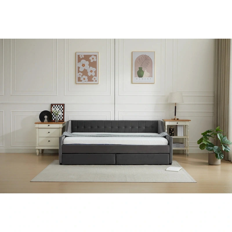 Canapé-lit rembourré moderne avec 2 tiroirs et cadre en bois, à rayures verticales pour salon et bureau