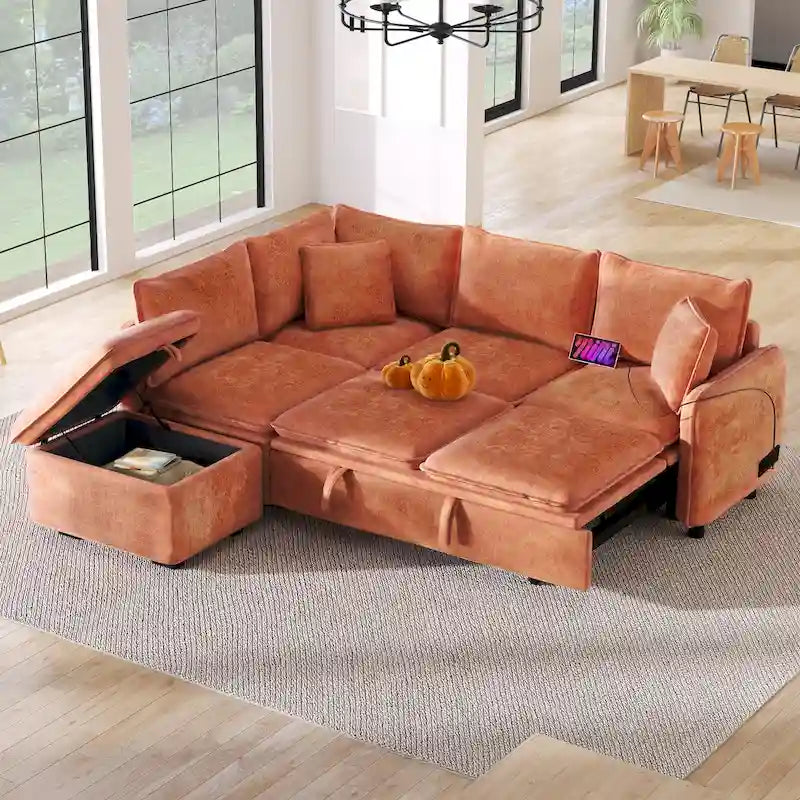 Canapé d'angle convertible 4 places en L avec 2 ports USB, prises de courant et pouf de rangement mobile