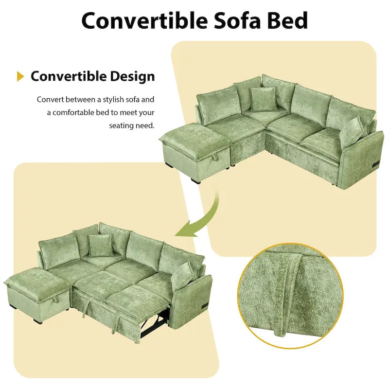 Canapé d'angle convertible 4 places en L avec 2 ports USB, prises de courant et pouf de rangement mobile