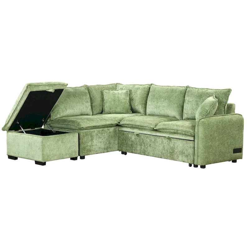 Canapé d'angle convertible 4 places en L avec 2 ports USB, prises de courant et pouf de rangement mobile