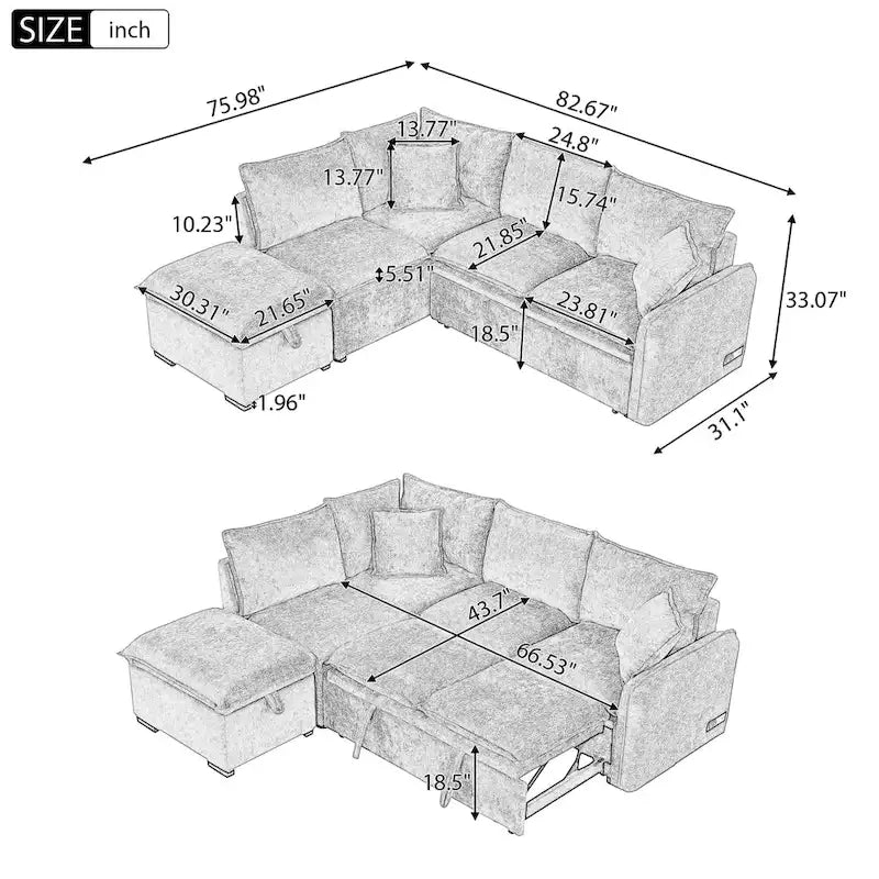 Canapé d'angle convertible 4 places en L avec 2 ports USB, prises de courant et pouf de rangement mobile