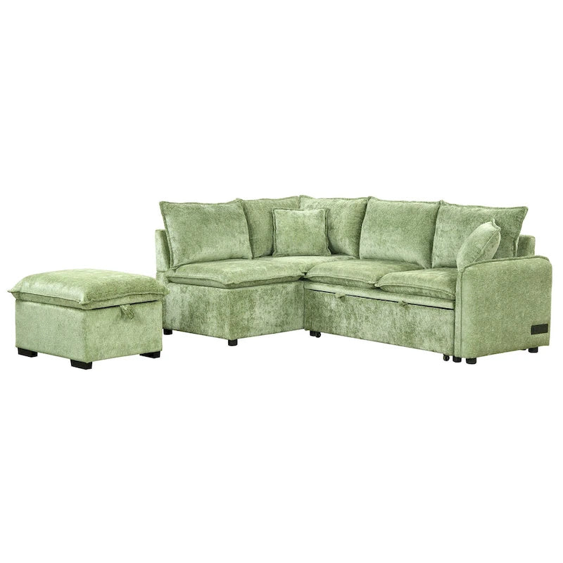 Canapé d'angle convertible 4 places en L avec 2 ports USB, prises de courant et pouf de rangement mobile