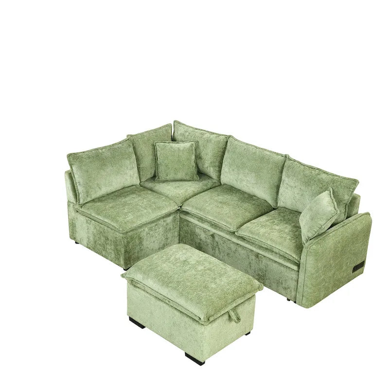 Canapé d'angle convertible 4 places en L avec 2 ports USB, prises de courant et pouf de rangement mobile