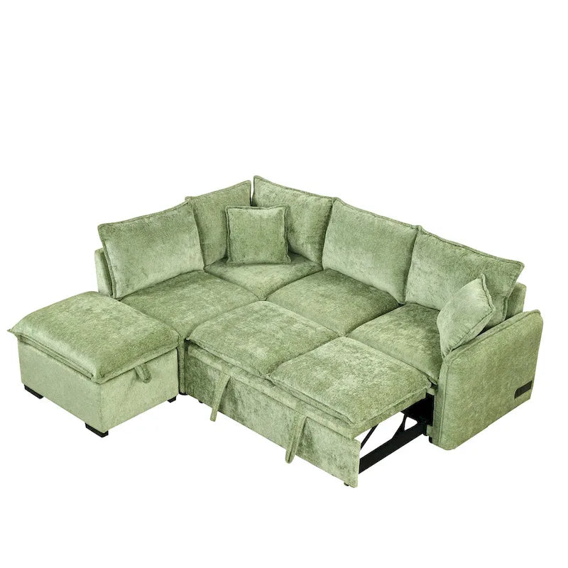 Canapé d'angle convertible 4 places en L avec 2 ports USB, prises de courant et pouf de rangement mobile