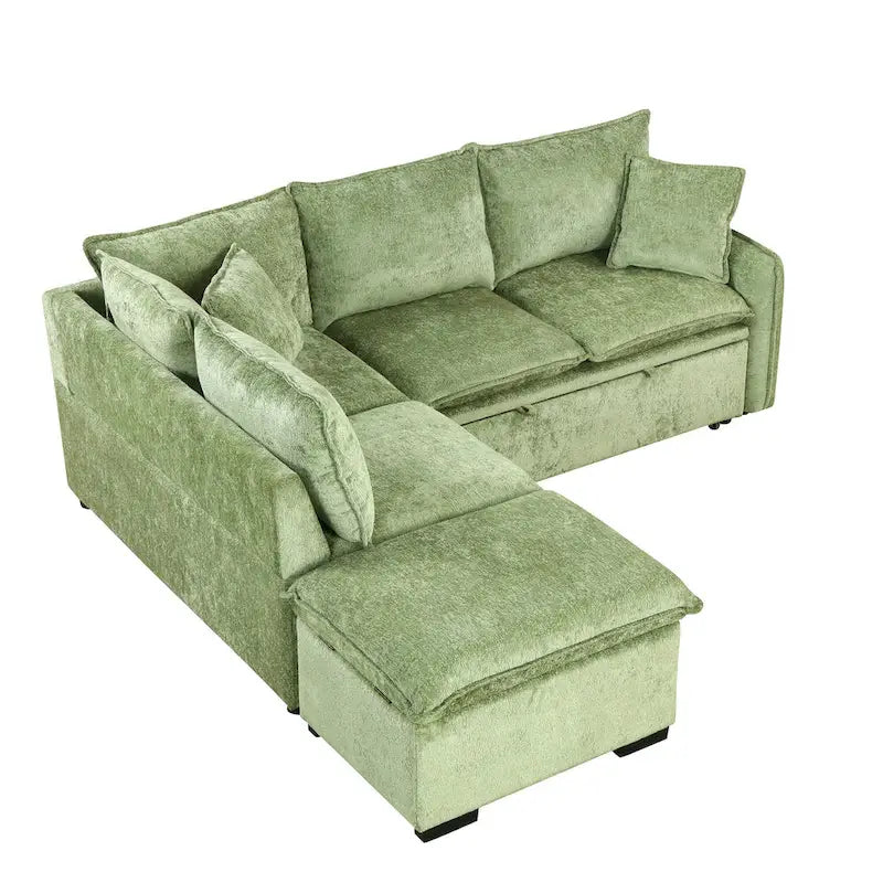 Canapé d'angle convertible 4 places en L avec 2 ports USB, prises de courant et pouf de rangement mobile