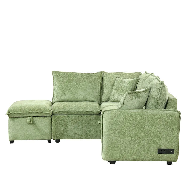 Canapé d'angle convertible 4 places en L avec 2 ports USB, prises de courant et pouf de rangement mobile