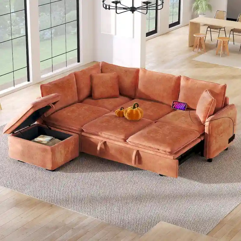 Canapé d'angle convertible 4 places en L avec 2 ports USB, prises de courant et pouf de rangement mobile