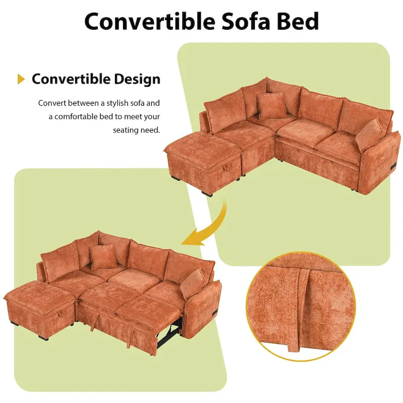 Canapé d'angle convertible 4 places en L avec 2 ports USB, prises de courant et pouf de rangement mobile
