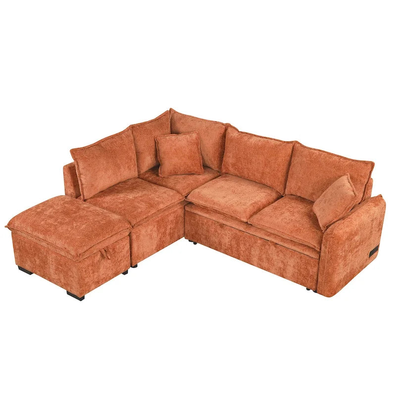 Canapé d'angle convertible 4 places en L avec 2 ports USB, prises de courant et pouf de rangement mobile