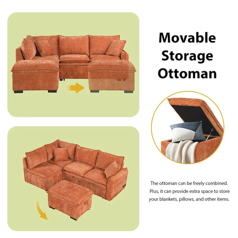 Canapé d'angle convertible 4 places en L avec 2 ports USB, prises de courant et pouf de rangement mobile
