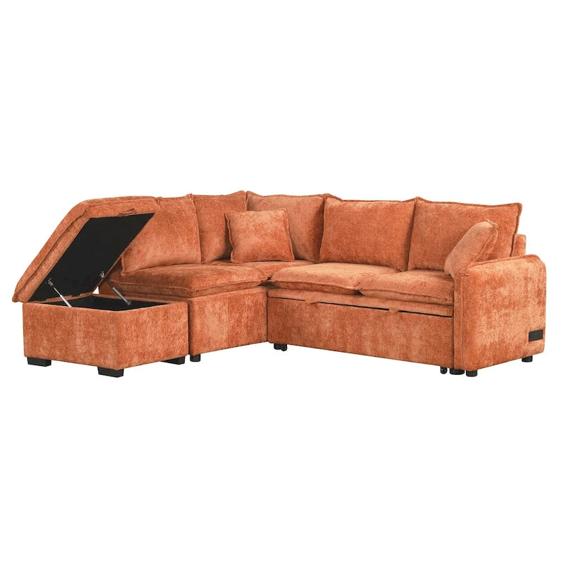Canapé d'angle convertible 4 places en L avec 2 ports USB, prises de courant et pouf de rangement mobile