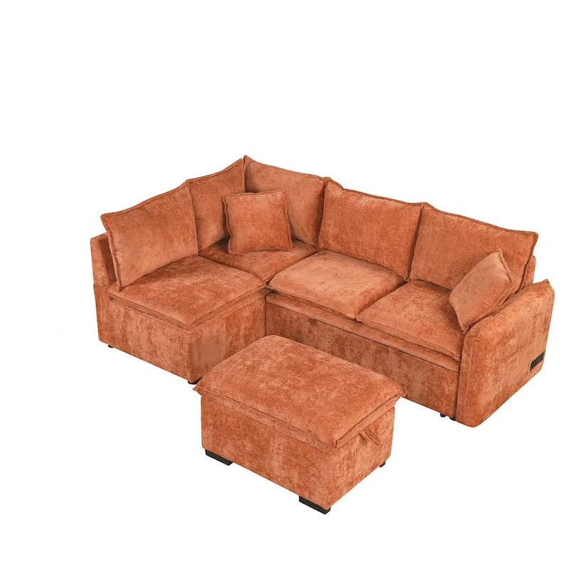 Canapé d'angle convertible 4 places en L avec 2 ports USB, prises de courant et pouf de rangement mobile
