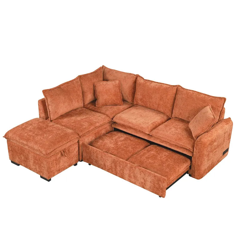 Canapé d'angle convertible 4 places en L avec 2 ports USB, prises de courant et pouf de rangement mobile