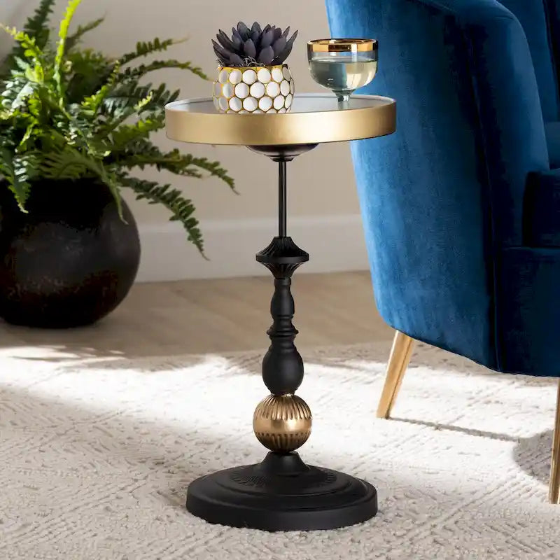 Table d'appoint ronde moderne et glamour – Table d'appoint en métal noir et doré avec plateau amovible pour une utilisation intérieure ou semi-extérieure