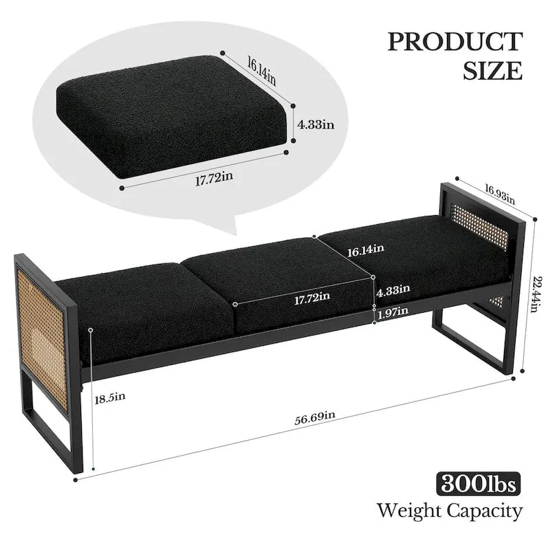 Banc de rangement capitonné en tissu pour bout de lit, entrée - 144 cm (L) x 43 cm (l) x 57 cm (H)
