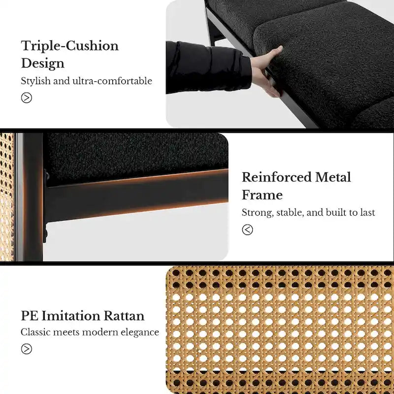 Banc de rangement capitonné en tissu pour bout de lit, entrée - 144 cm (L) x 43 cm (l) x 57 cm (H)
