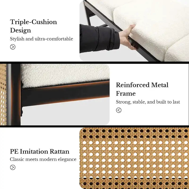 Banc de rangement capitonné en tissu pour bout de lit, entrée - 144 cm (L) x 43 cm (l) x 57 cm (H)