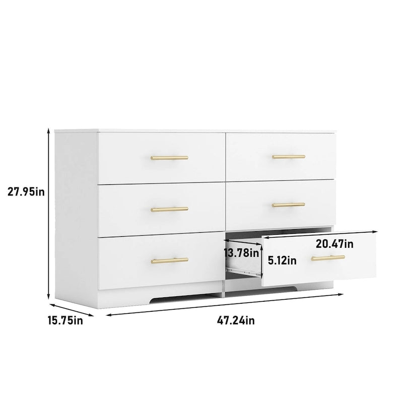 Commode à 6 tiroirs pour chambre à coucher, commode de rangement, commode en bois moderne avec poignées dorées