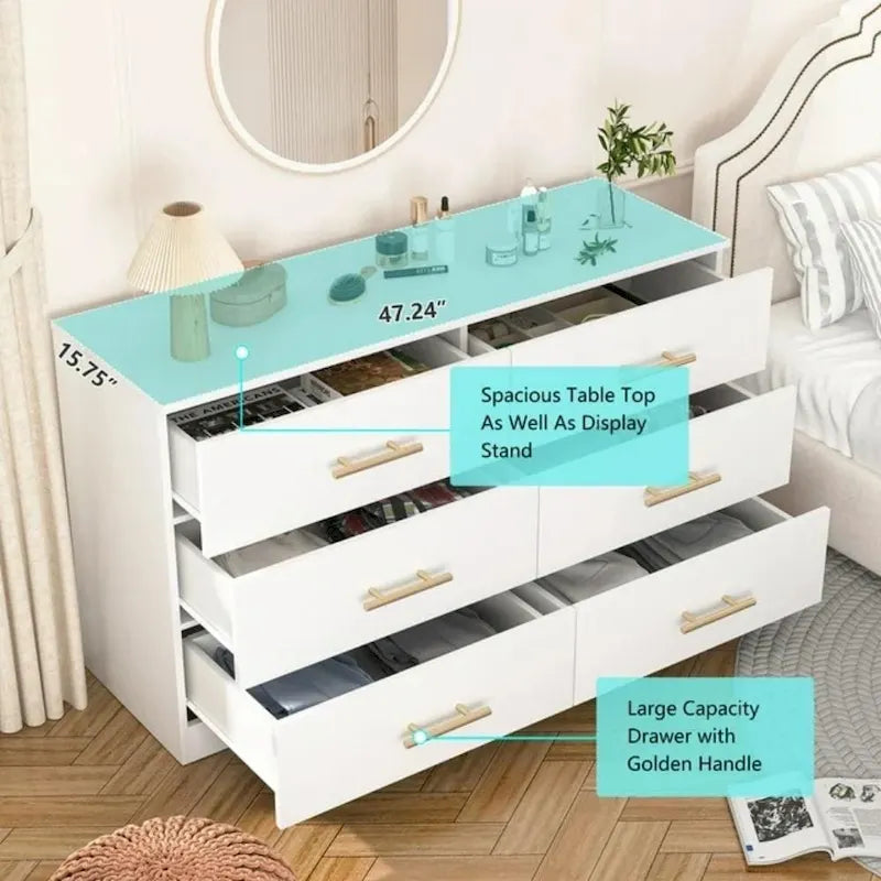 Commode à 6 tiroirs pour chambre à coucher, commode de rangement, commode en bois moderne avec poignées dorées