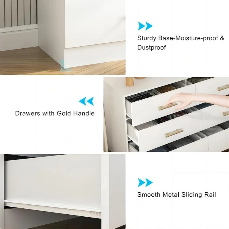 Commode à 6 tiroirs pour chambre à coucher, commode de rangement, commode en bois moderne avec poignées dorées