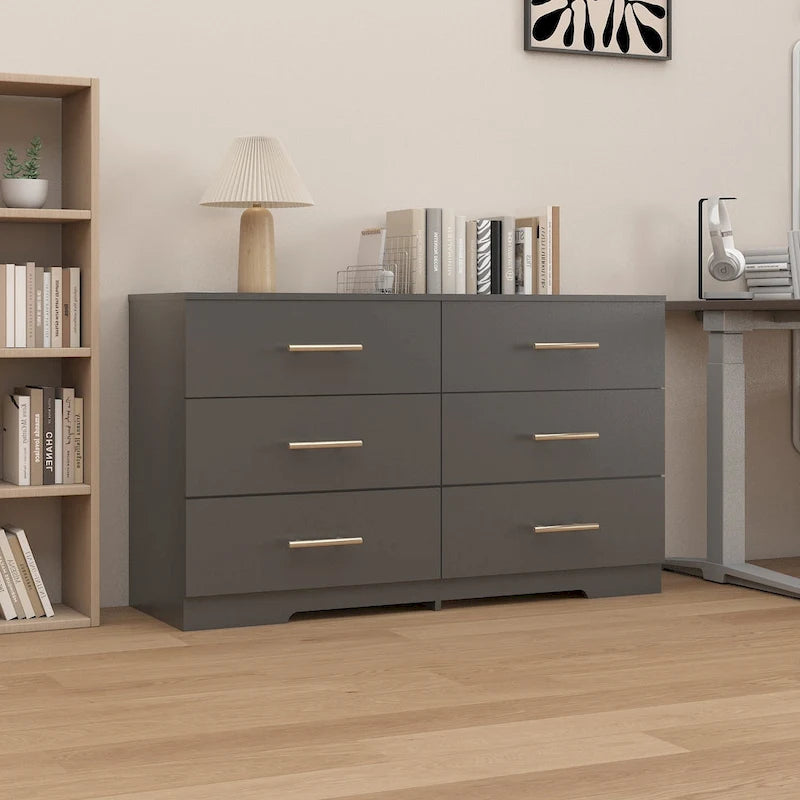 Commode à 6 tiroirs pour chambre à coucher, commode de rangement, commode en bois moderne avec poignées dorées
