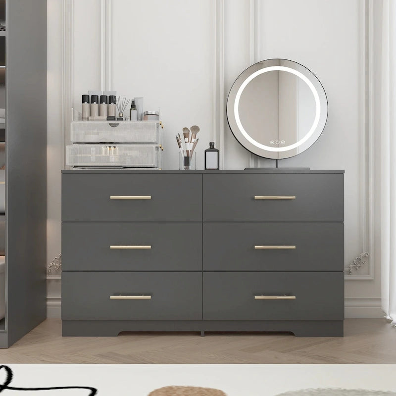 Commode à 6 tiroirs pour chambre à coucher, commode de rangement, commode en bois moderne avec poignées dorées