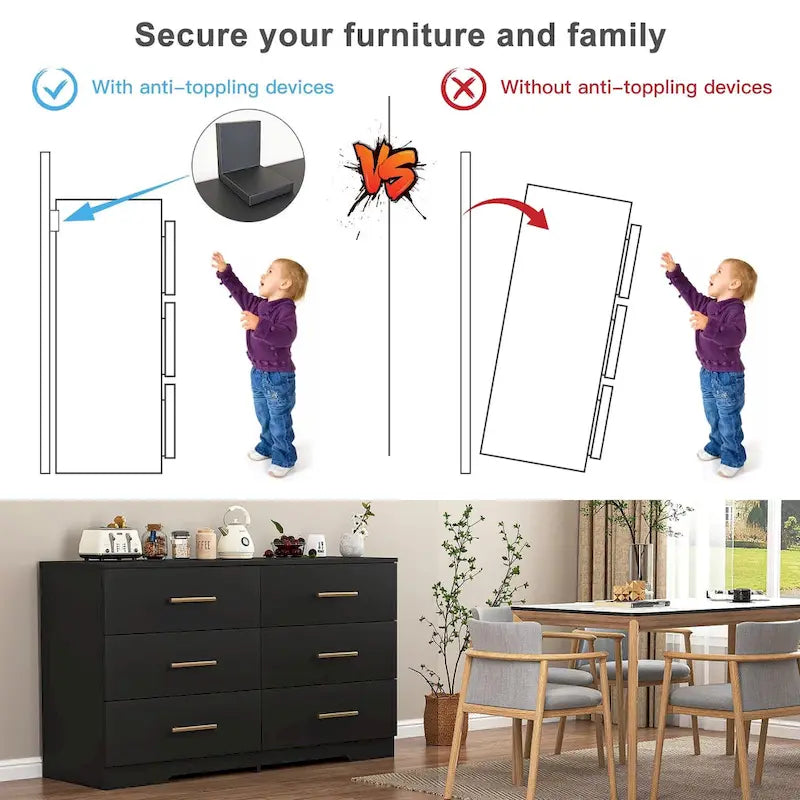 Commode à 6 tiroirs pour chambre à coucher, commode de rangement, commode en bois moderne avec poignées dorées