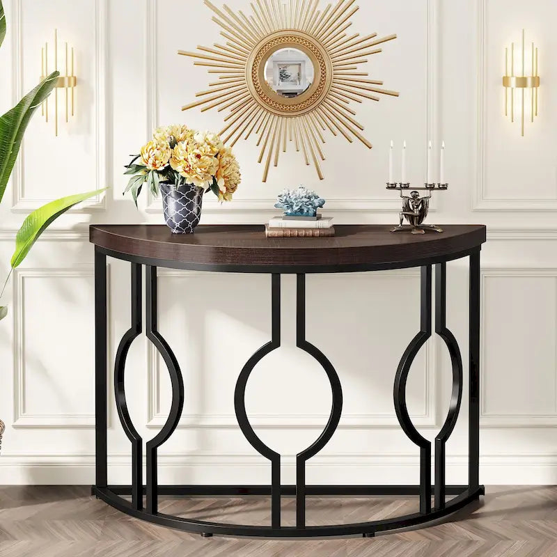 Console demi-lune pour entrée, table de canapé semi-circulaire avec base géométrique