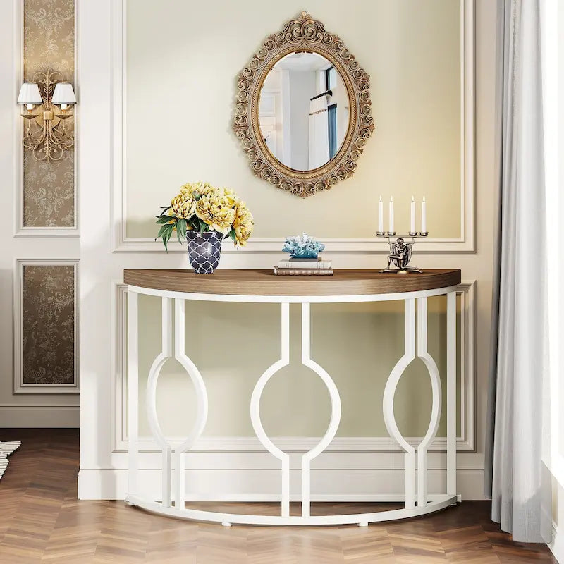 Console demi-lune pour entrée, table de canapé semi-circulaire avec base géométrique