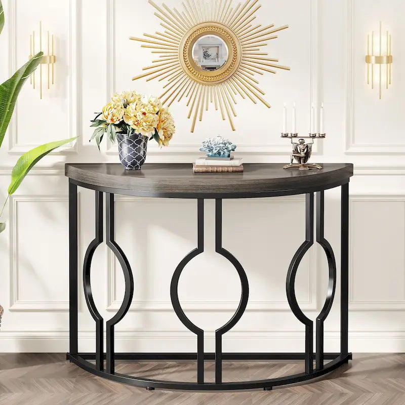 Console demi-lune pour entrée, table de canapé semi-circulaire avec base géométrique