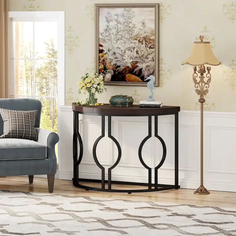 Console demi-lune pour entrée, table de canapé semi-circulaire avec base géométrique