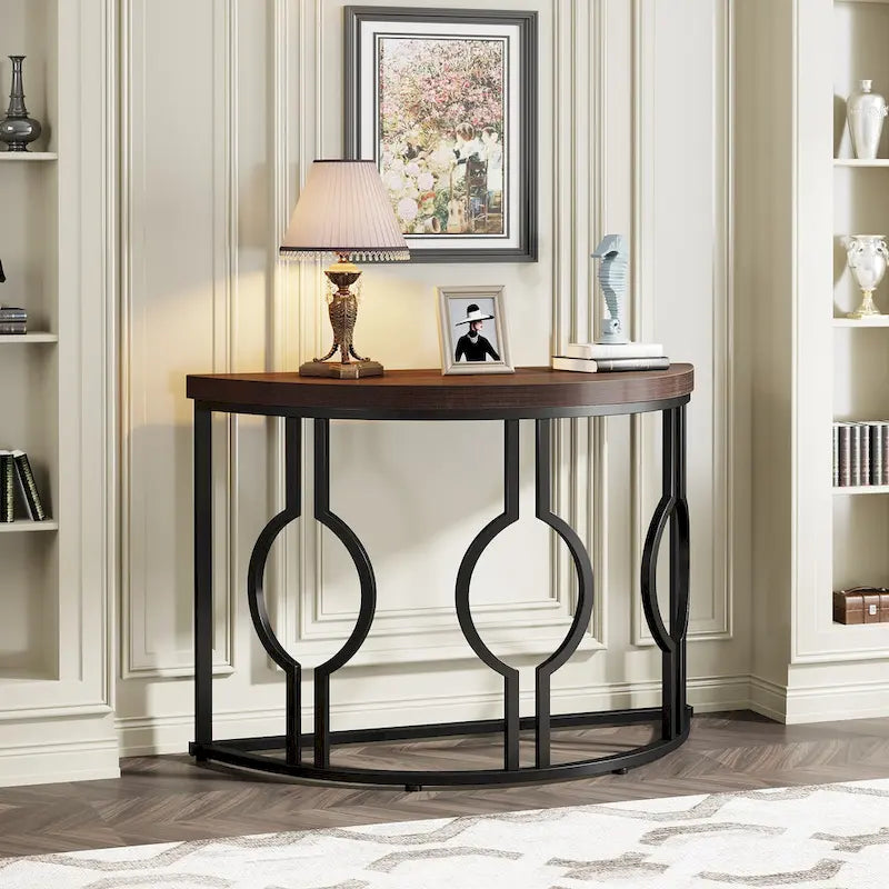 Console demi-lune pour entrée, table de canapé semi-circulaire avec base géométrique