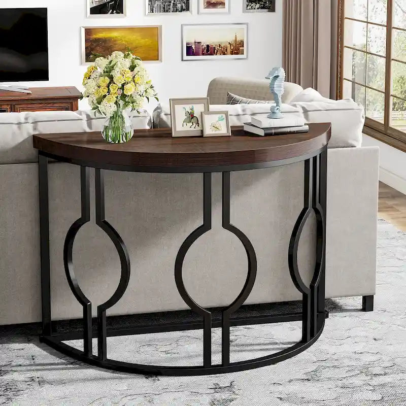 Console demi-lune pour entrée, table de canapé semi-circulaire avec base géométrique