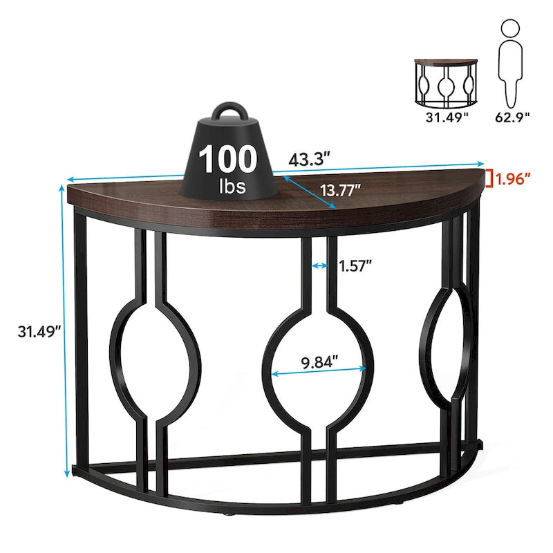 Console demi-lune pour entrée, table de canapé semi-circulaire avec base géométrique